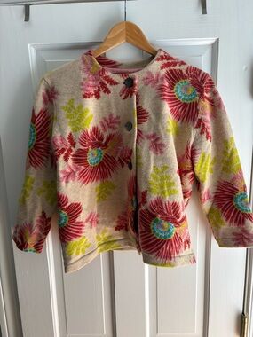 Frances Valentine Beige Floral Wool Cardigan with Pink, Green & Blue Accents